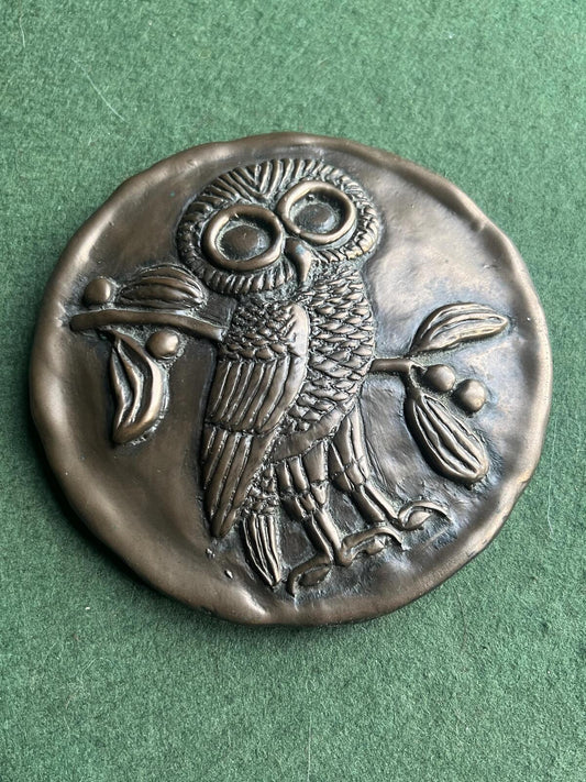 Vintage hand cast 5" round owl plaque by Kathleen Smyth of Wild Goose Studio Cork Ireland.