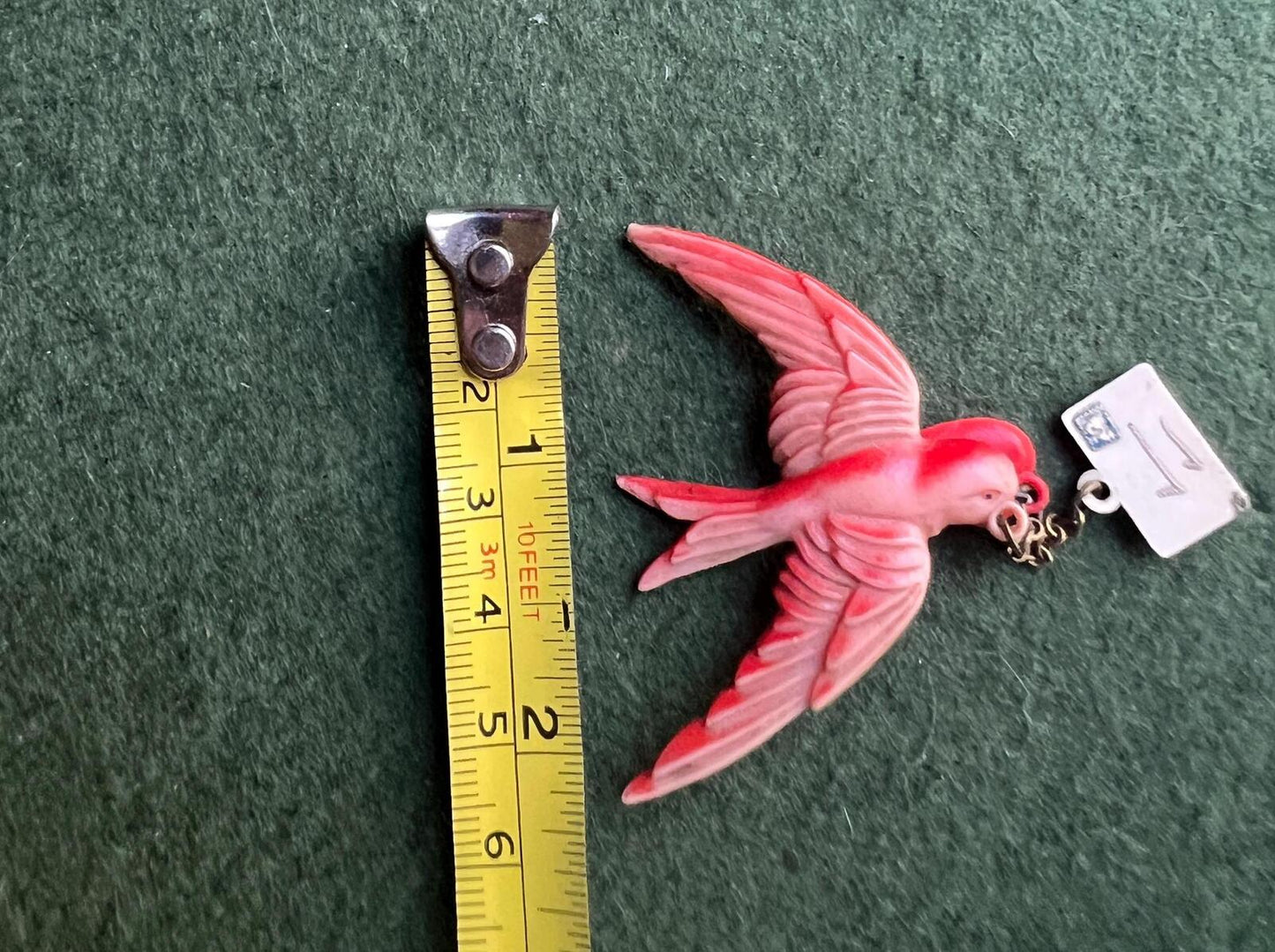 Vintage celluloid swallow bird brooch. Red bird with heart and envelope. Jewellery lover gift.