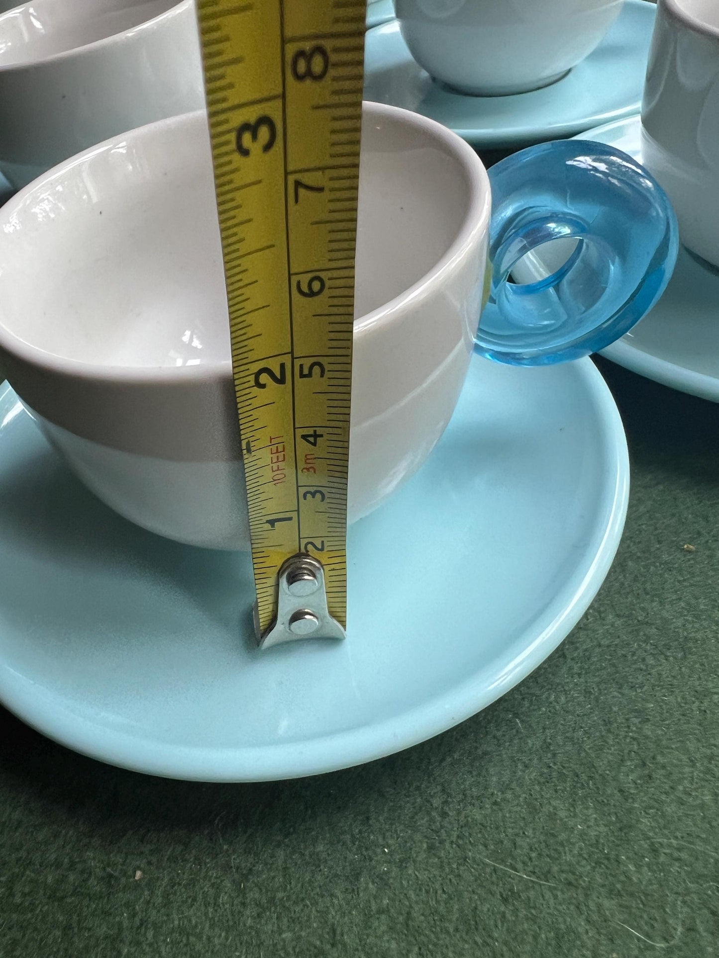 Set 6 coffee espresso mugs. Ceramic cup plastic handle and melamine saucer Stamped Omada Made in Italy