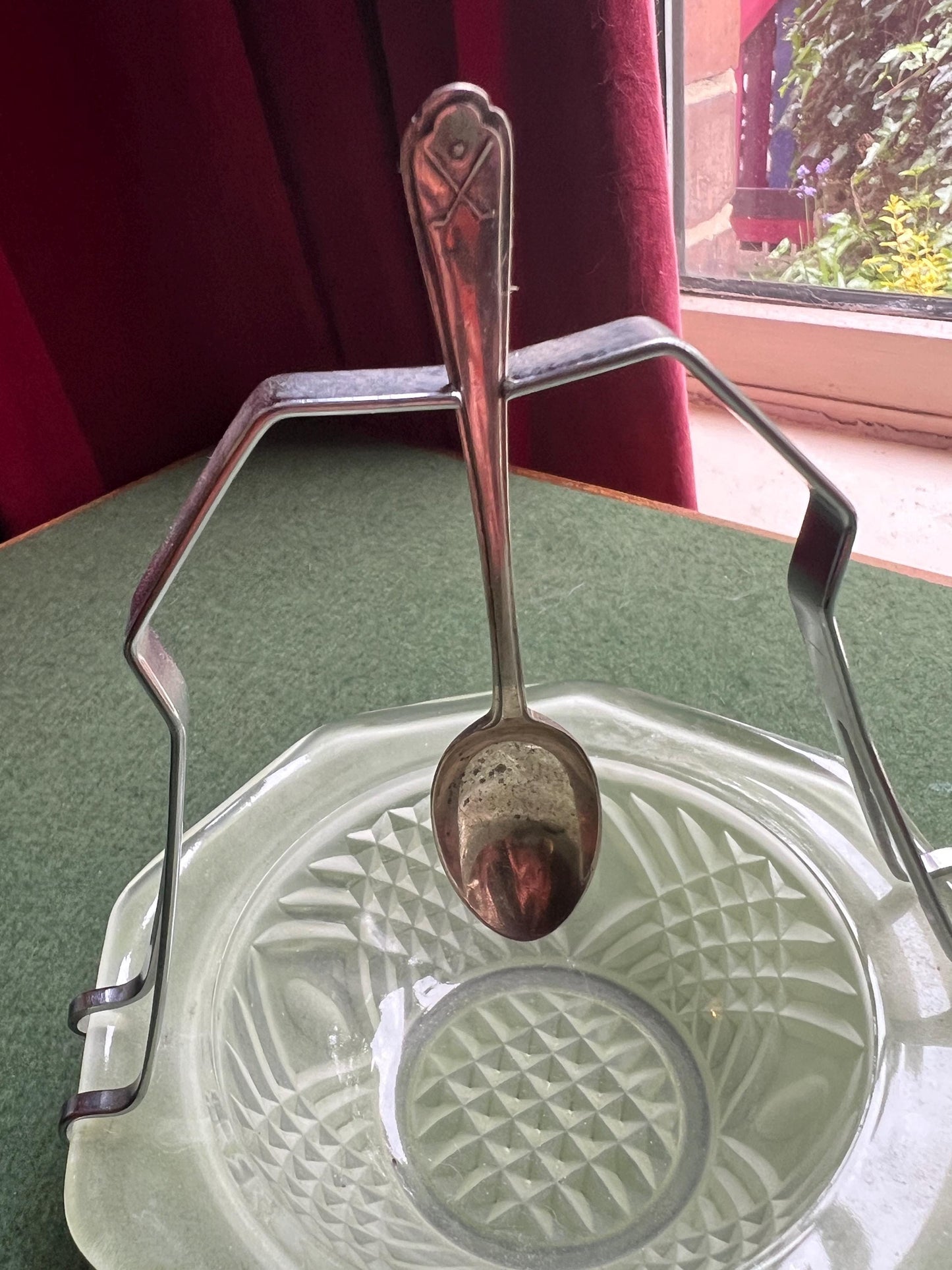 Vintage green pressed glass jam sugar bowl with metal handle spoon hanger. Stamped W+H.
