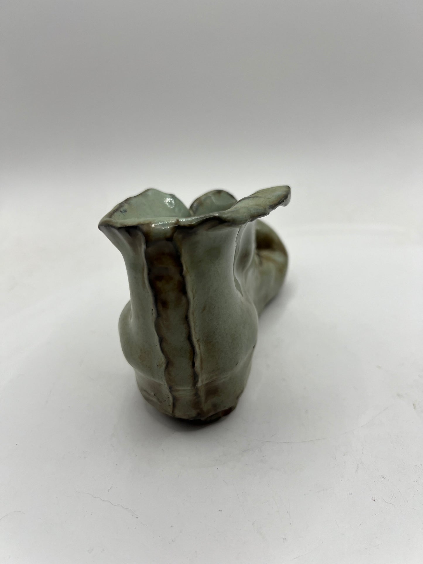 Quirky Studio pottery old boot planter. Signed. Grey green brown glaze.