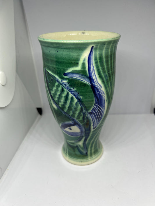 Studio pottery flower vase Green glaze hand decorated fish design Stamped Pauline's Pottery Handmade.