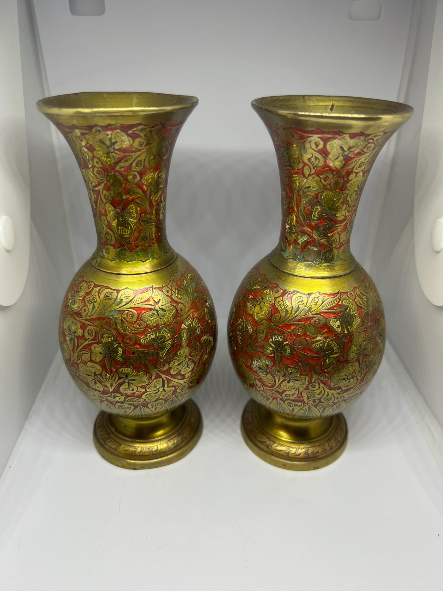 Vintage brass enamel ornamental vases. 2 available.