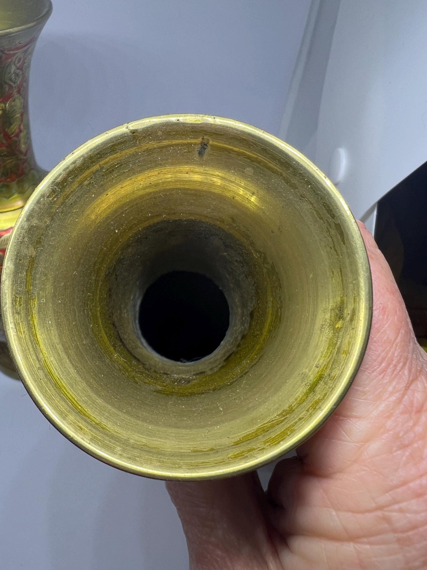 Vintage brass enamel ornamental vases. 2 available.