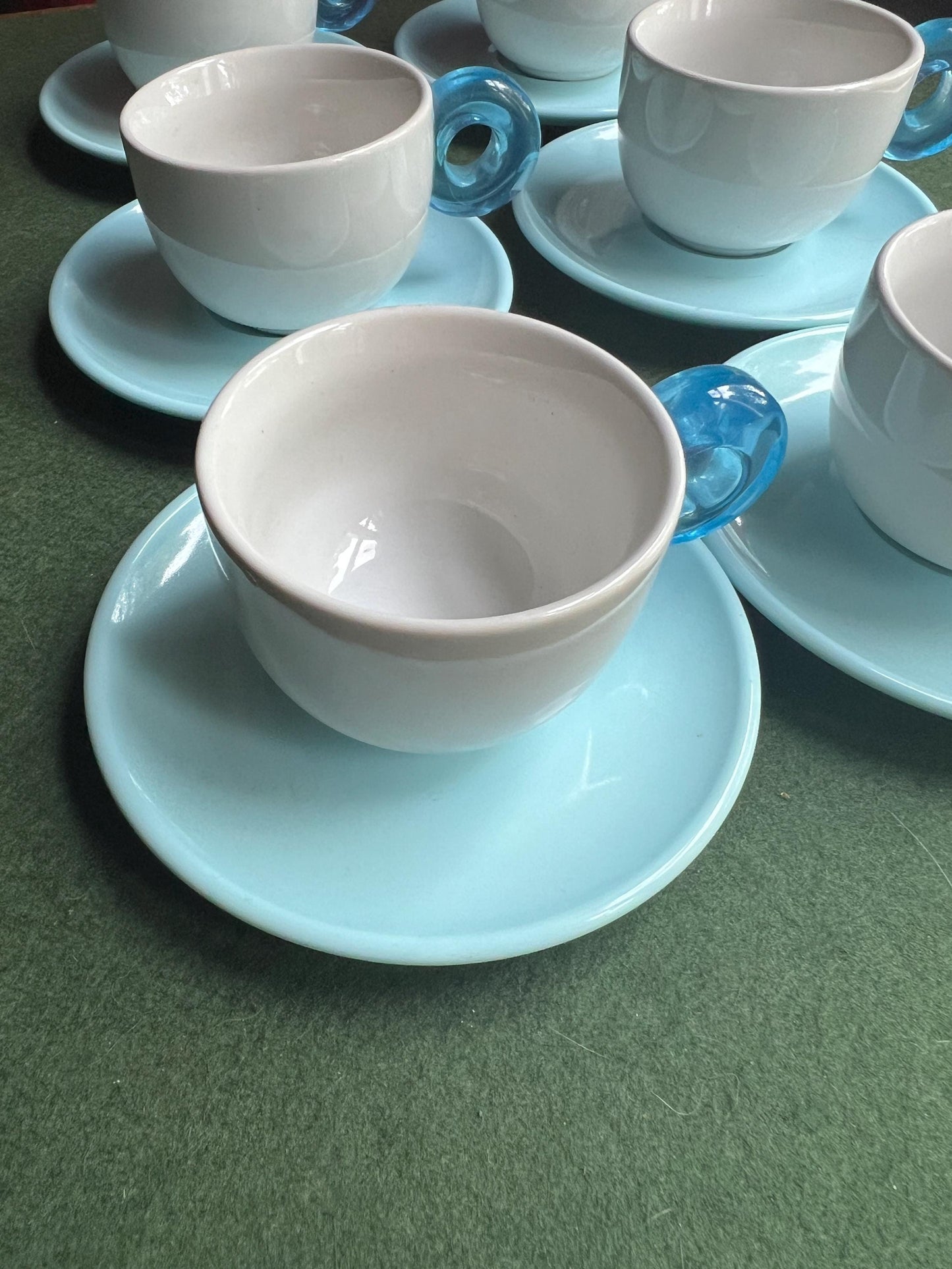 Set 6 coffee espresso mugs. Ceramic cup plastic handle and melamine saucer Stamped Omada Made in Italy