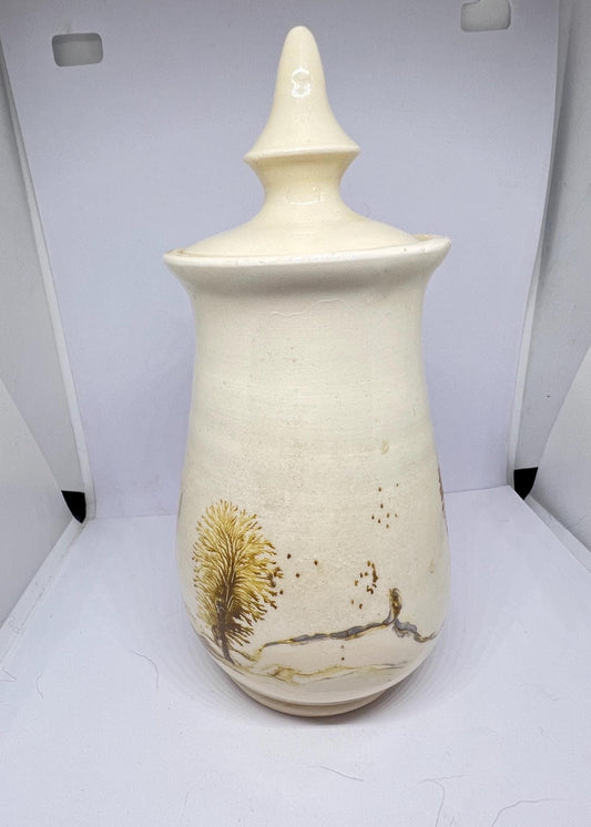 Studio pottery Mochaware lidded pot Cream glaze with tree design.