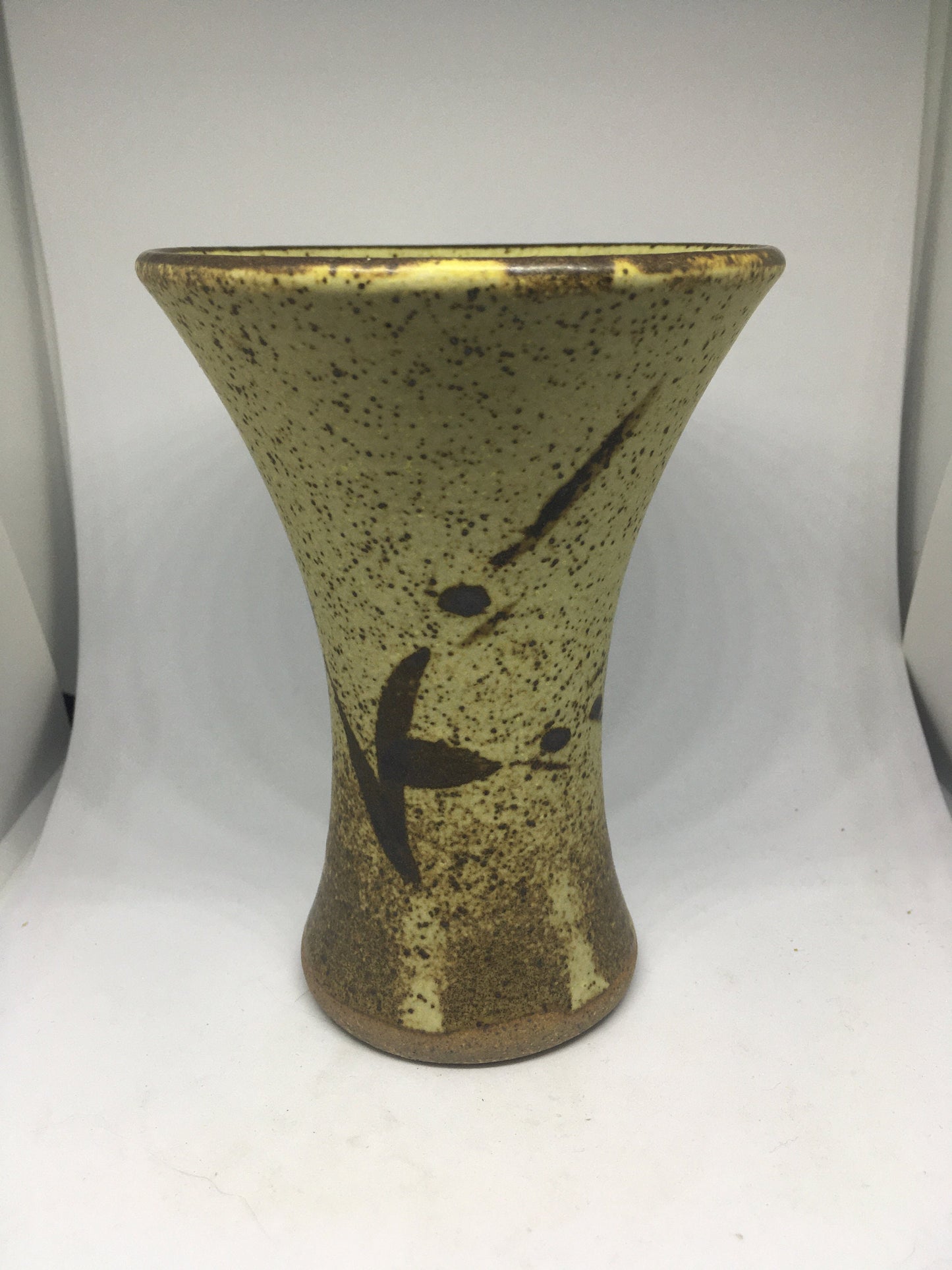 Vintage stoneware trumpet vase with abstract design. Speckle glazed mid century flower display vase.
