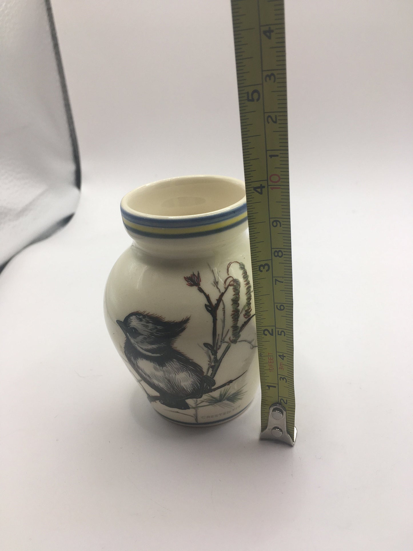 Ceramic bud posy vase. Double sided design Kingfisher and Crested Tit. Brixham Pottery Devon.