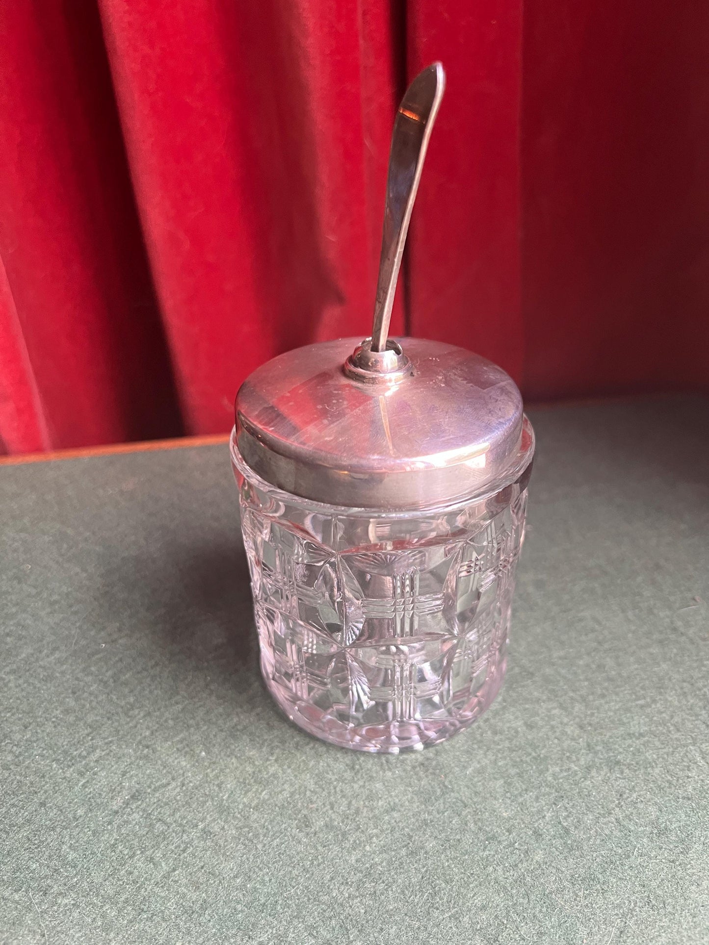 Vintage antique mustard jam pot. Cut glass silver plated lid conserve jar.