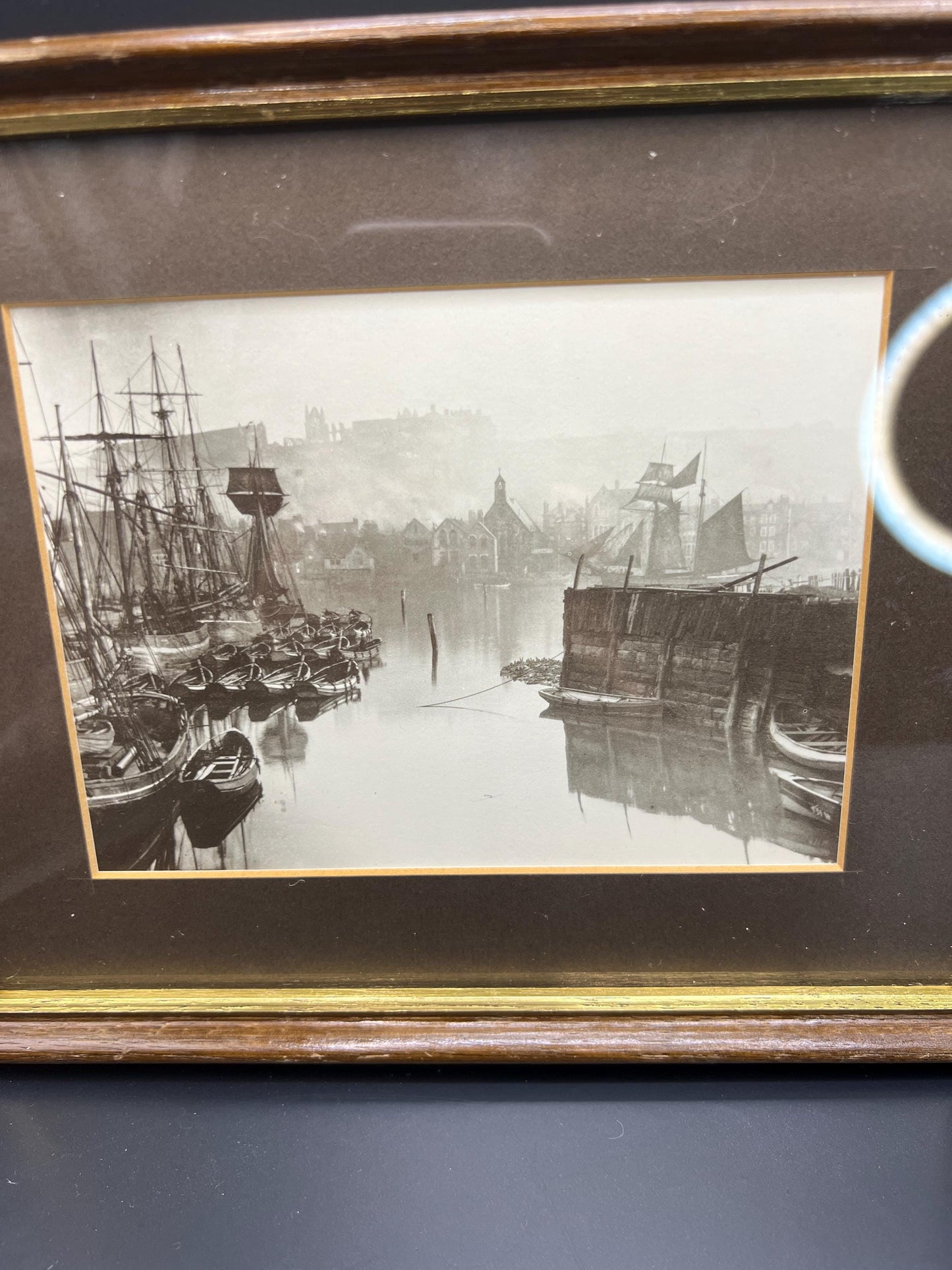 Framed Whitby Photographic postcard. Boats in Whitby Upper Harbour. Frank Meadow Sutcliffe 1981