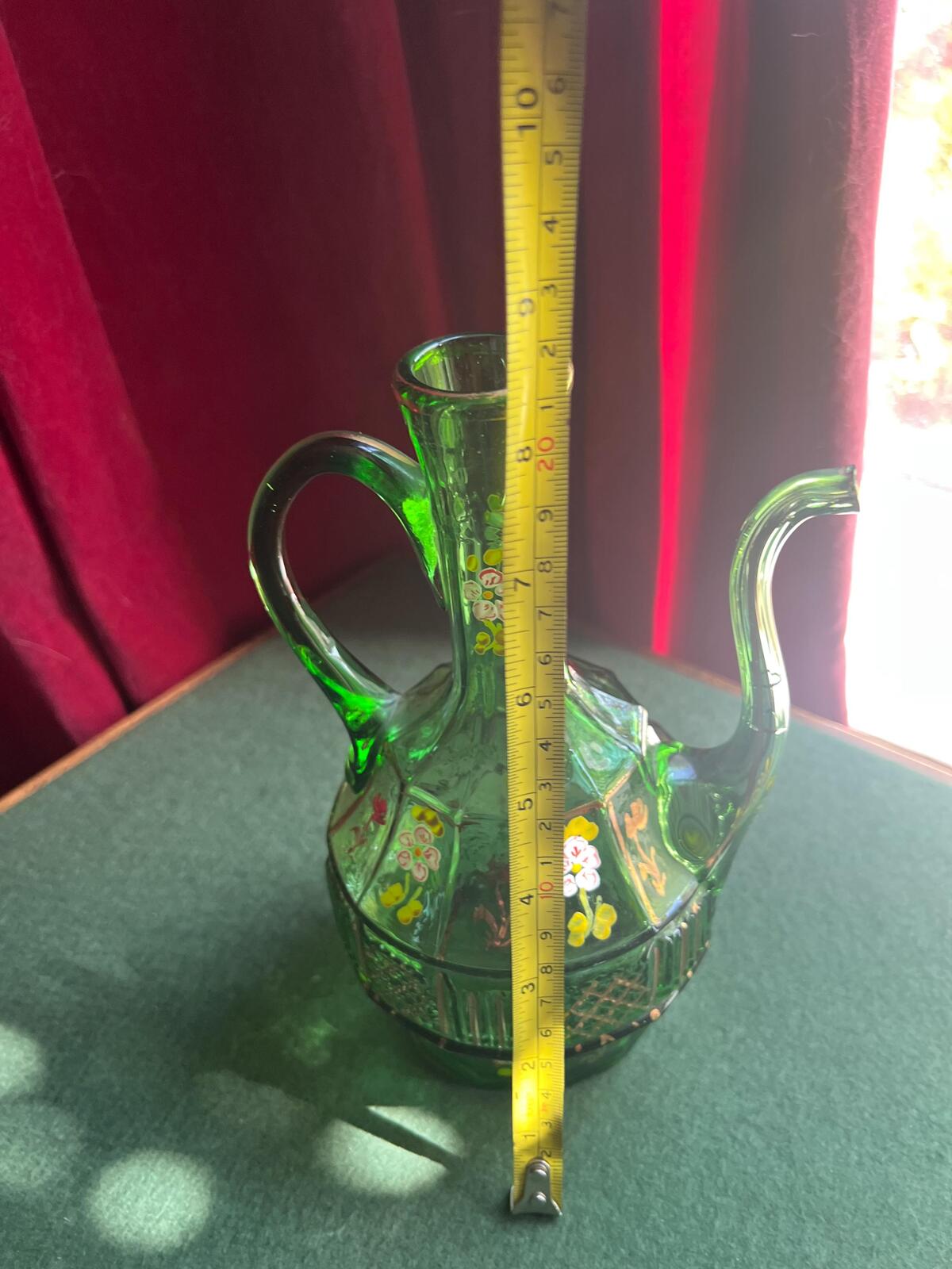 Antique emerald glass pitcher ewer. Hand blown with hand painted floral and gold details.