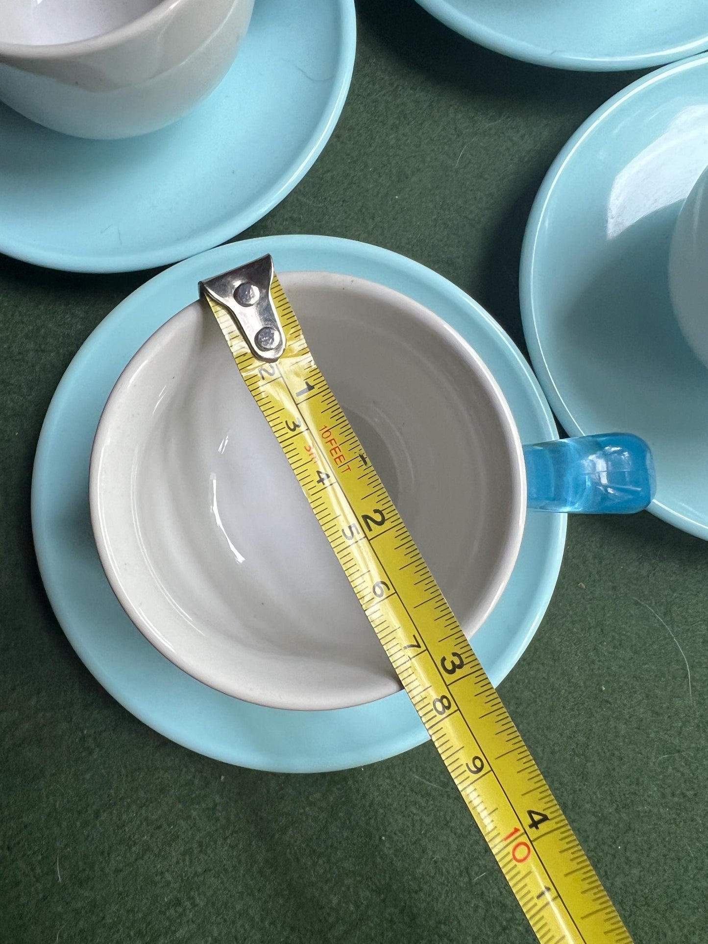 Set 6 coffee espresso mugs. Ceramic cup plastic handle and melamine saucer Stamped Omada Made in Italy