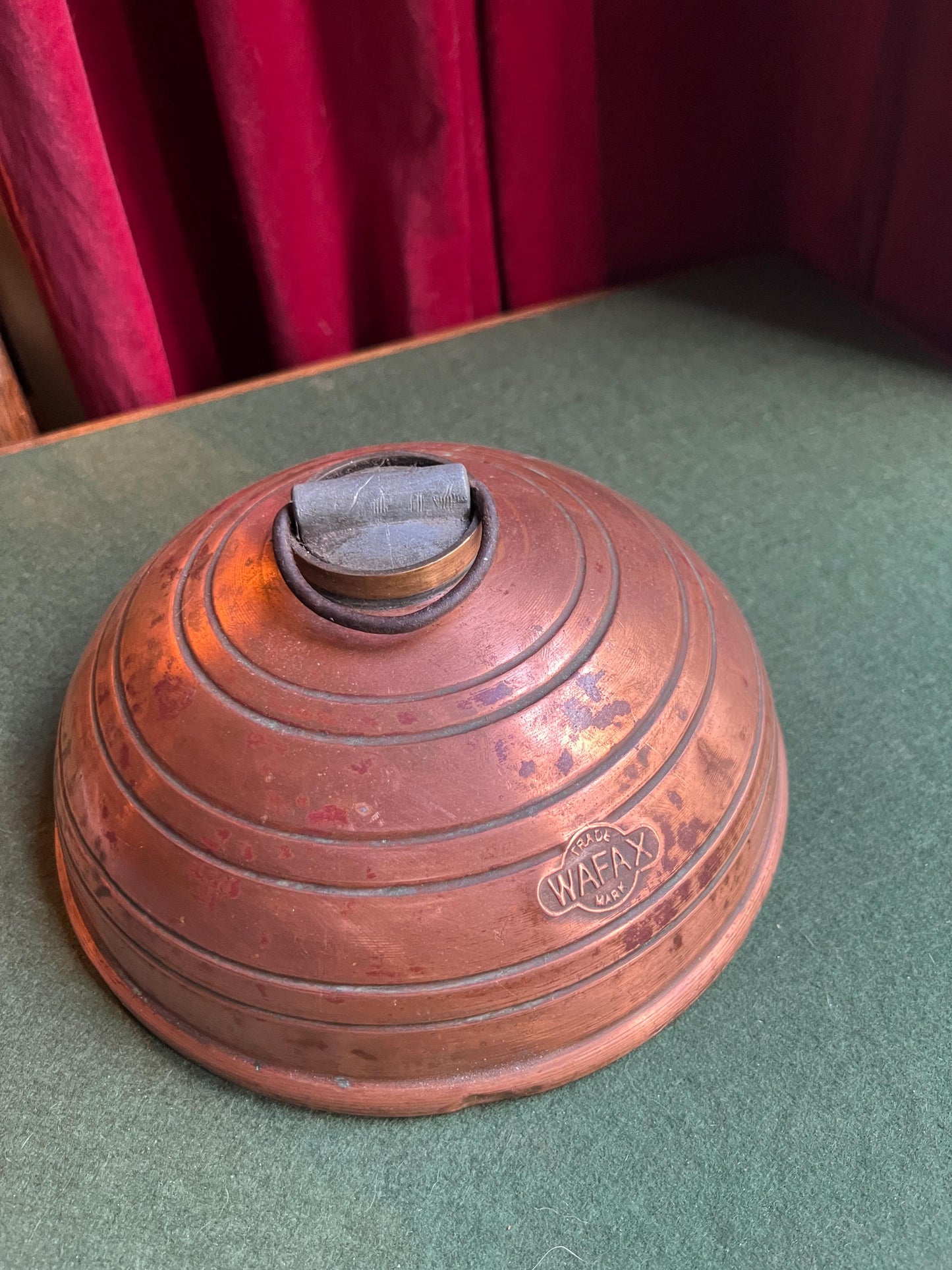 Antique copper bed warmer with screw top. Stamped Trade Mark Wafax.