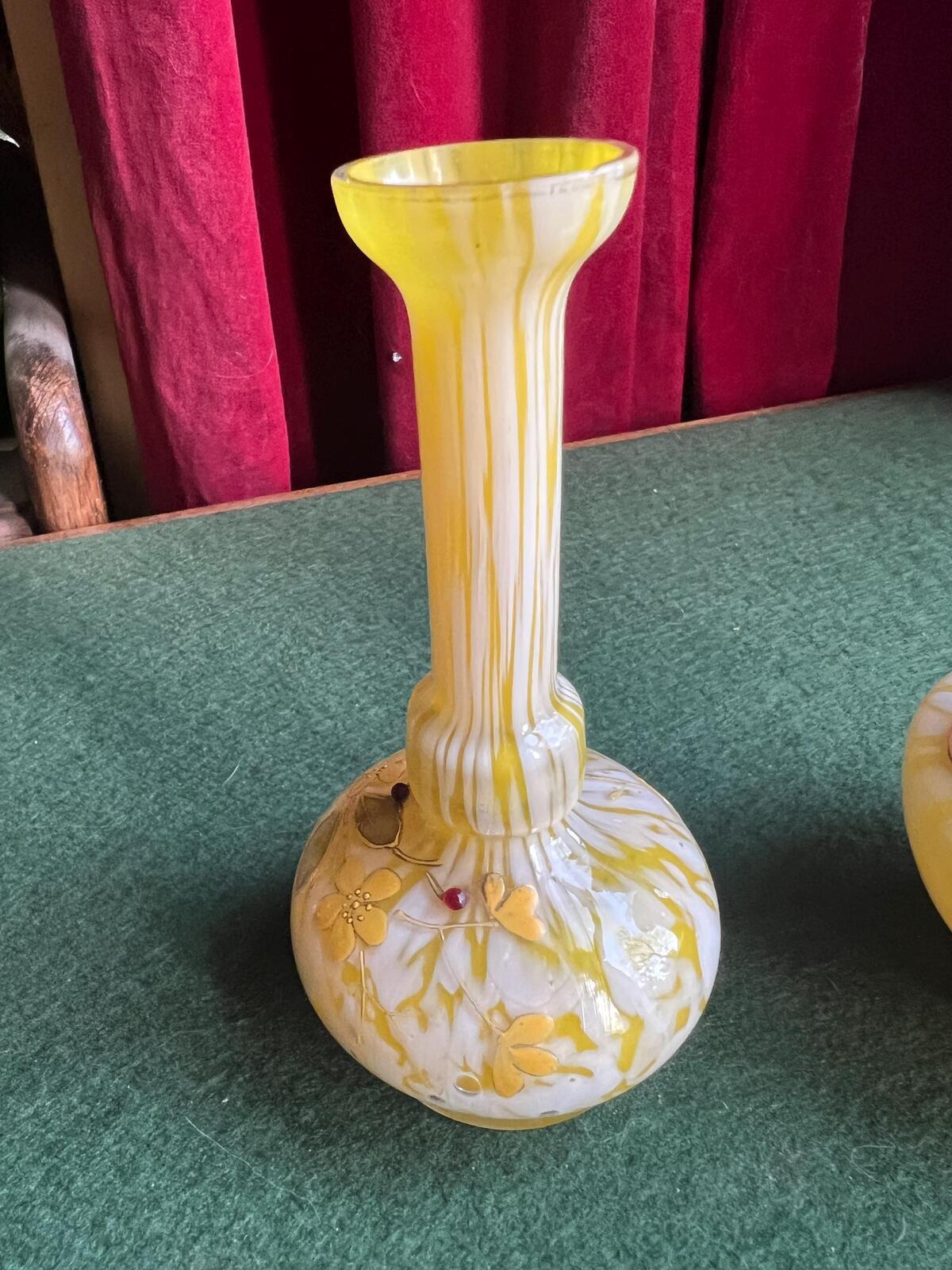 Pair of Welz Bohemian Lemon Yellow & White Spatter Glass Vases. Hand painted gold enamel details. Antique glass collector gift.
