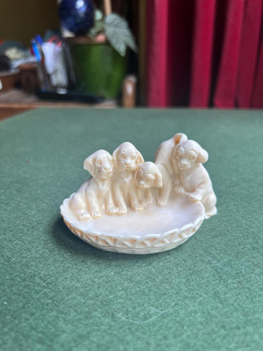 Vintage celluloid puppies in a basket trinket ring dish. 1930s Art Deco vintage home decor. Dog lover gift.