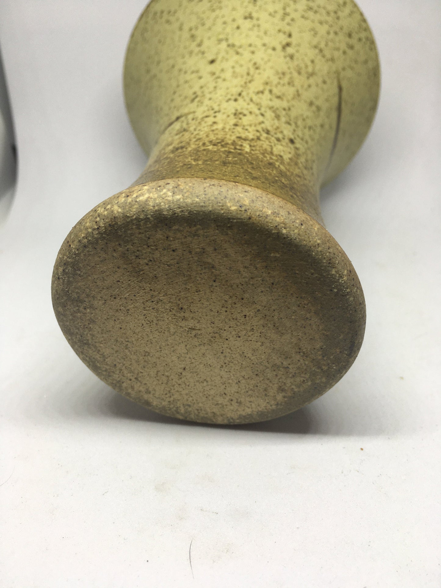 Vintage stoneware trumpet vase with abstract design. Speckle glazed mid century flower display vase.