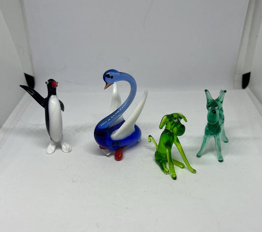 Vintage end of day glass animals. Penguin Swan standing dog sitting dog. Murano style miniature glass animals.