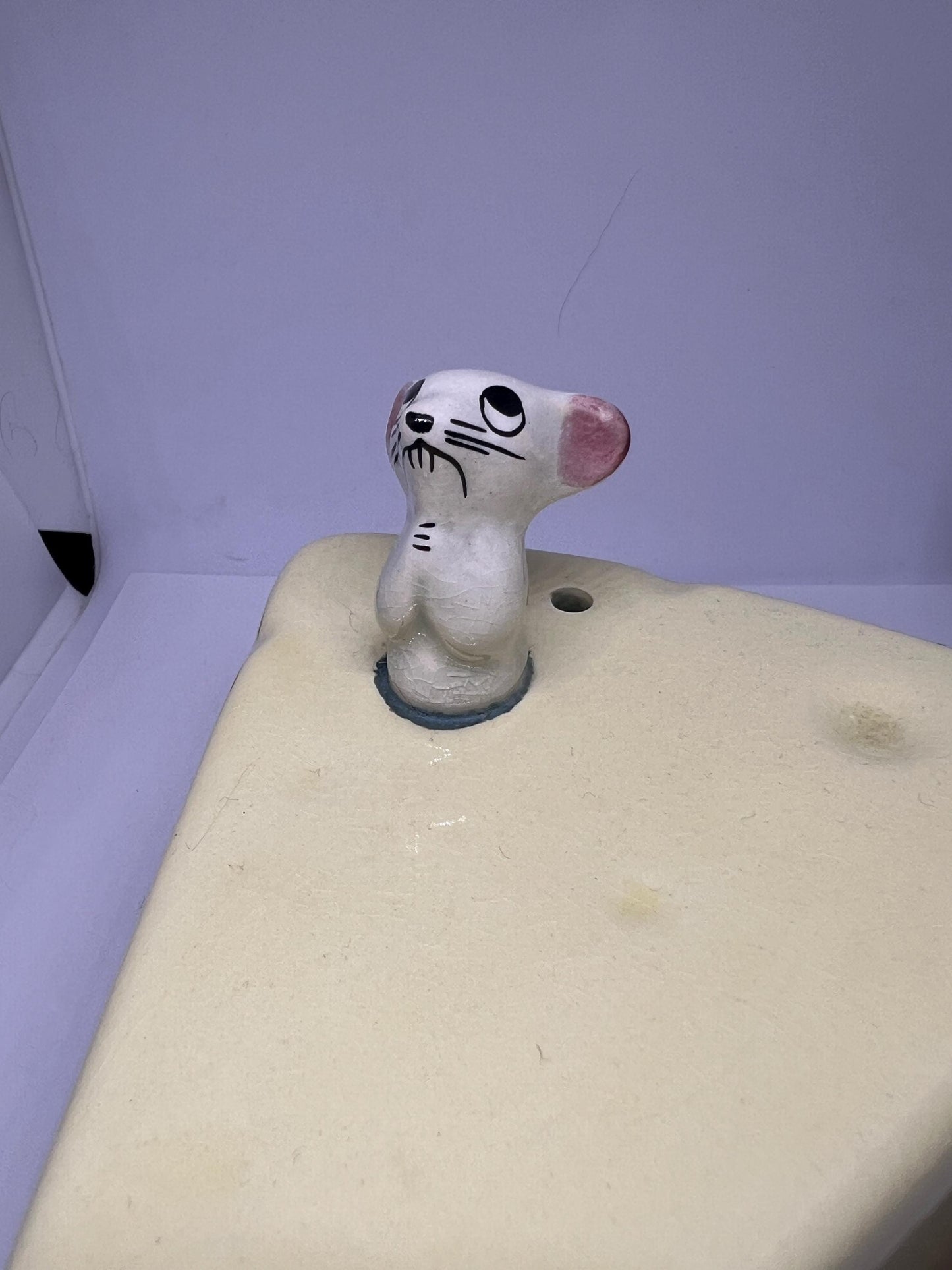 Retro ceramic wood covered cheese dish with kitsch mouse.