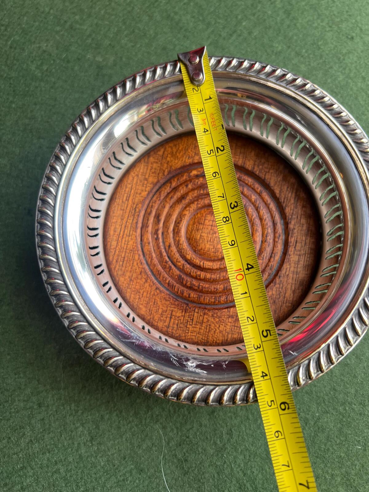 Antique vintage wine coaster. Silver plate and mahogany wood Barker Ellis style bottle coaster.