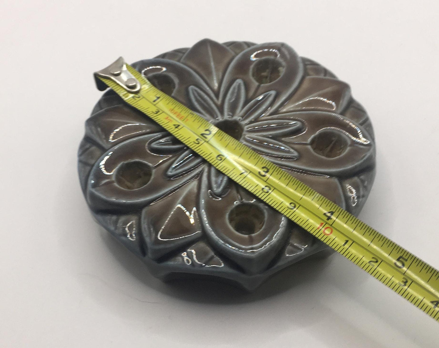 Beautiful Wade ceramic flower frog. Waterlily design. Green blue glaze.