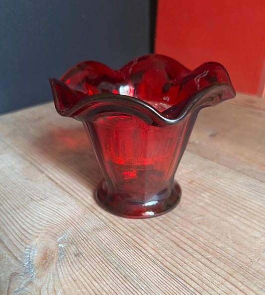 Art Deco style red glass posy vase with original clear glass flower frog. UV reactive.