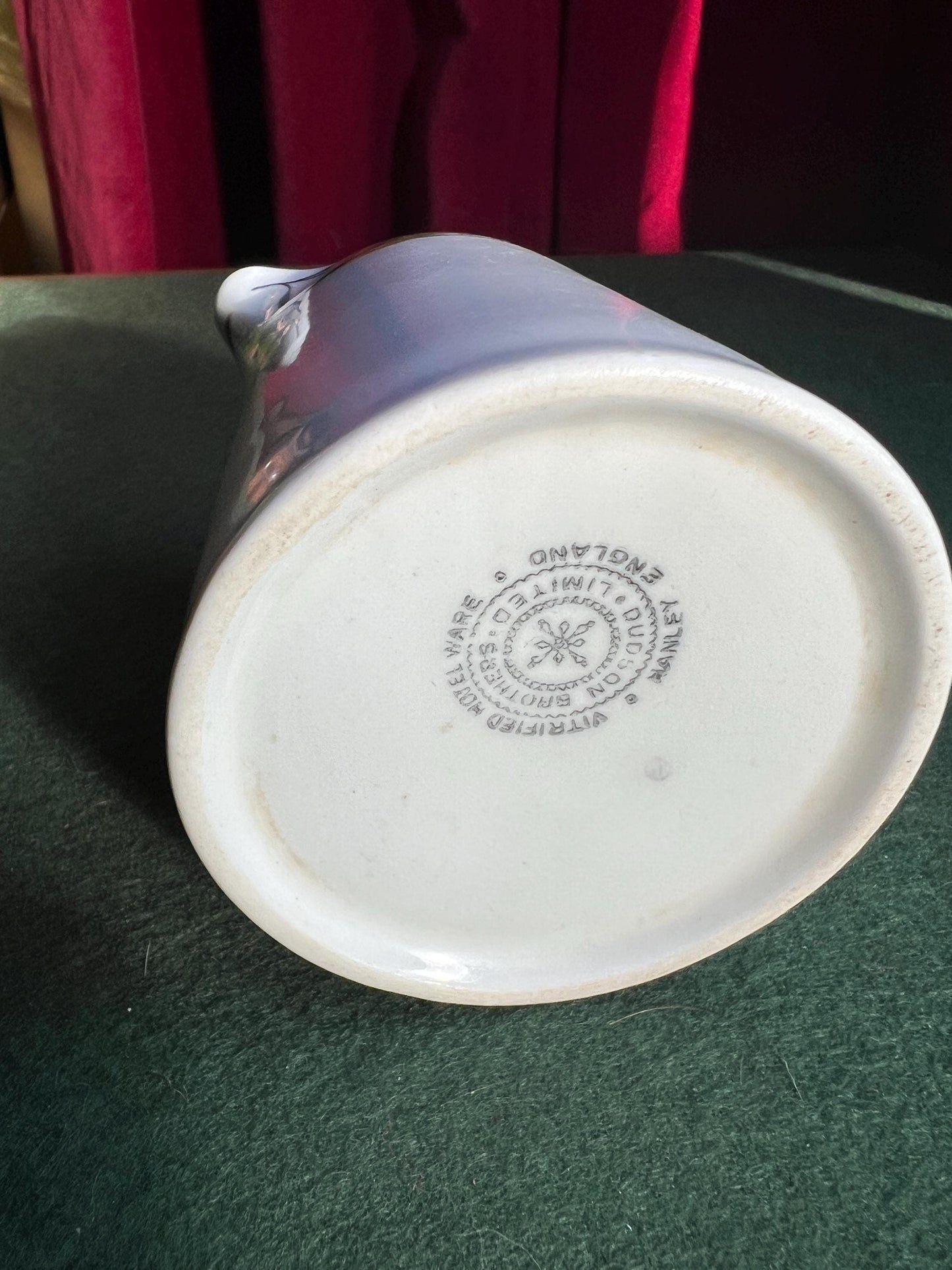 Vintage milk jug. Leaf design Stamped Dudson Brothers Vitrified Hotel ware.