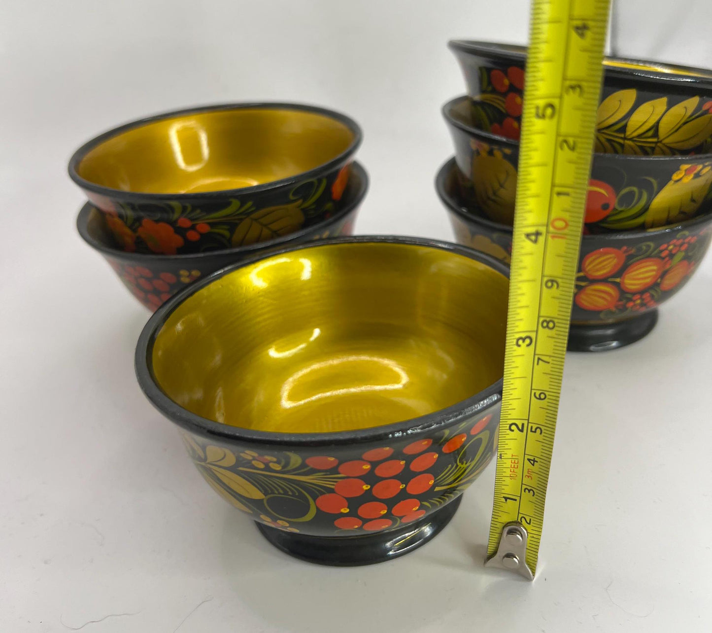Set 6 wooden lacquered Khokhloma bowls. Made in USSR original stickers.