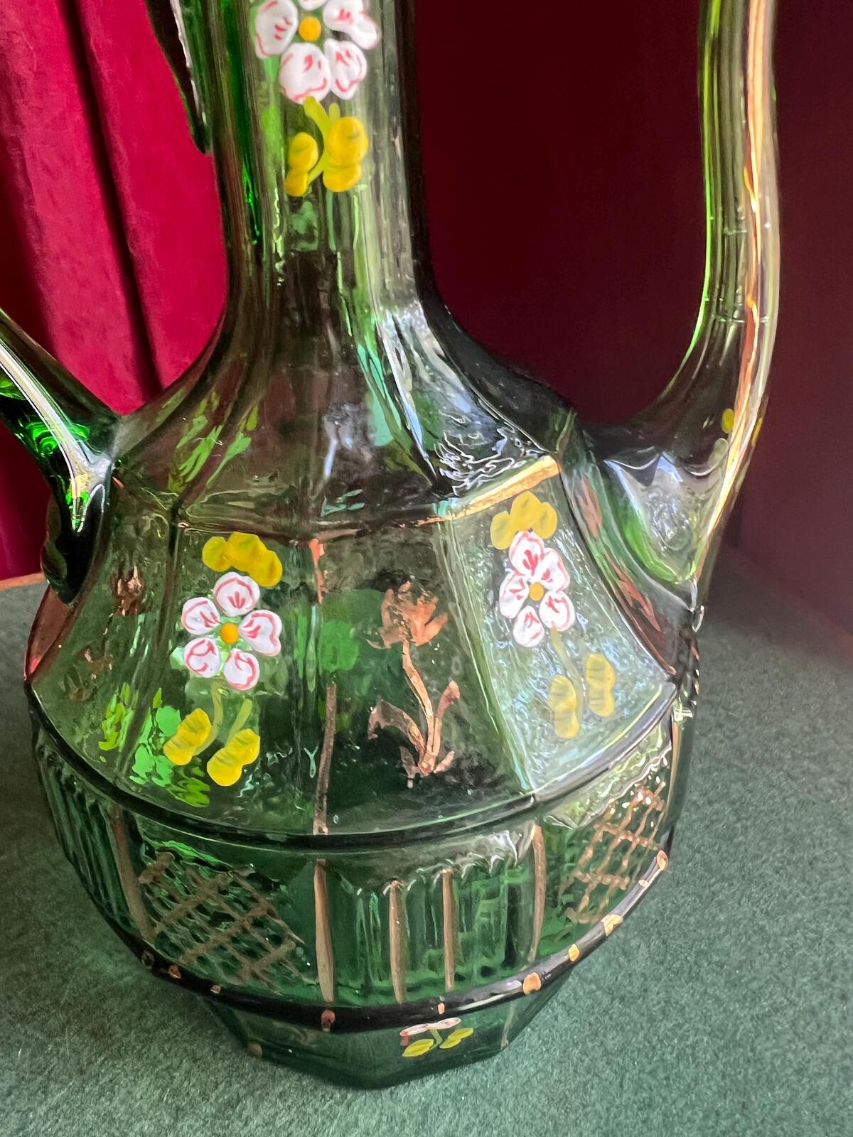 Antique emerald glass pitcher ewer. Hand blown with hand painted floral and gold details.