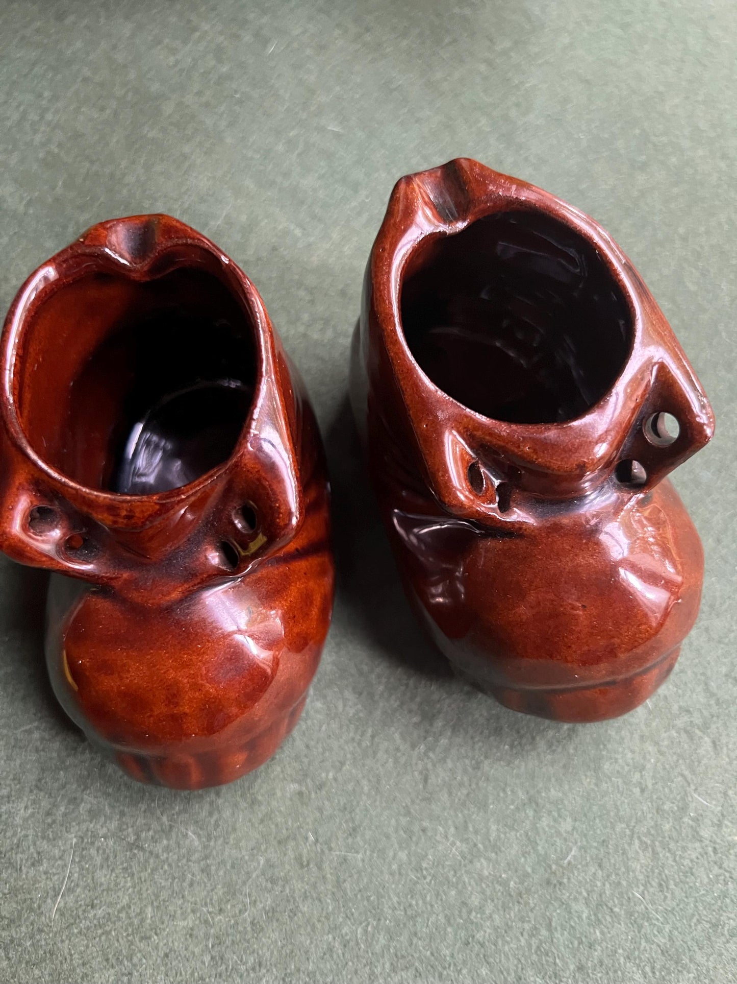 Vintage ashtray boots. Deep brown glaze.