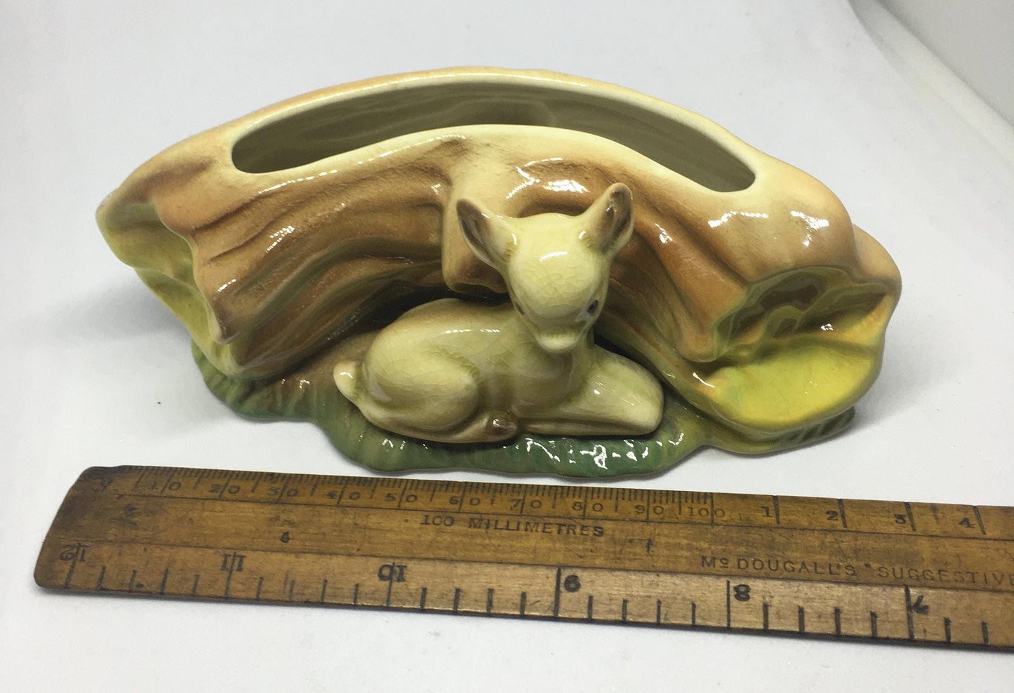 Vintage Hornsea pottery baby deer log planter bud vase. 1950's.