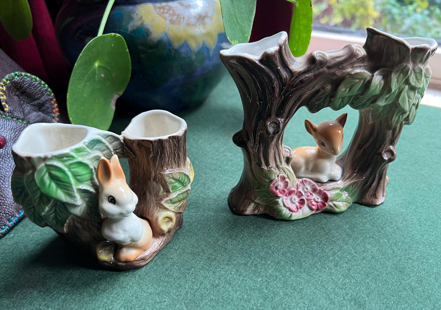 Vintage Hornsea posy vases. Fauna baby rabbit sitting by a tree stump Fauna Royal baby deer sitting by a tree stump.