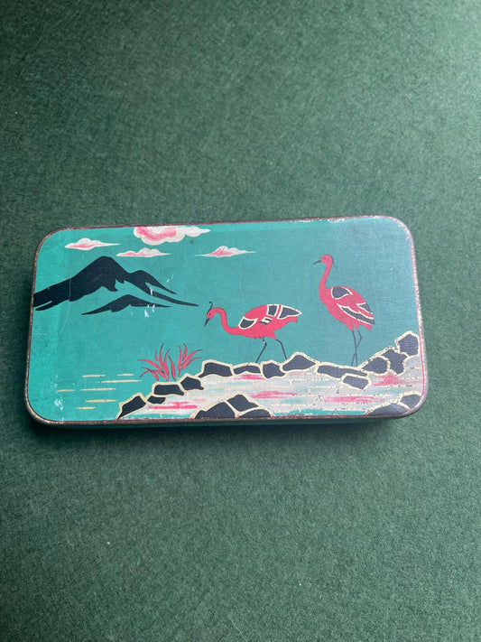 Vintage William Crawford & Sons biscuit sample tin Decorative advertising memorabilia. Japanese theme  flamingo cranes and Mount Fuji.