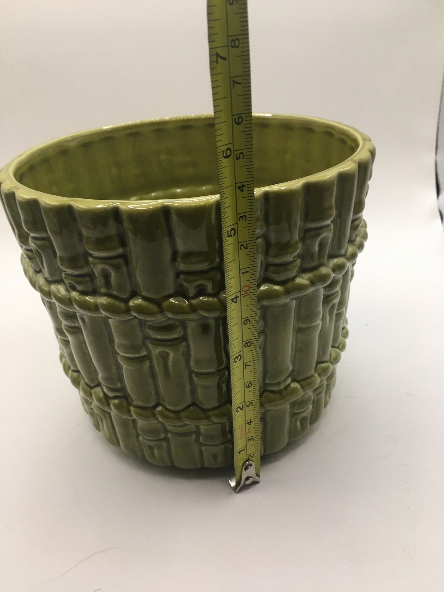 Sage green plant pot. Rare 1980's CASA PUPO bamboo patterned planter.