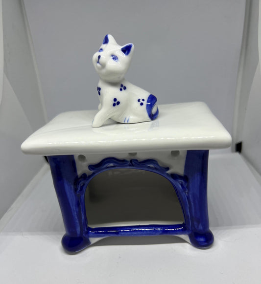 Vintage Gzhel porcelain cat on a table figurine. USSR.