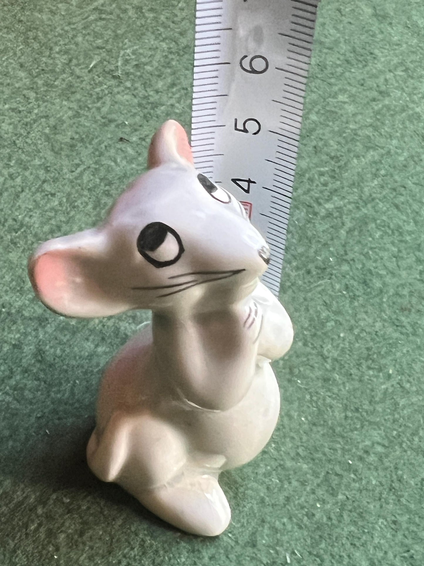 Quirky Vintage ceramic mouse figurine. Hand painted white mouse with pink details.