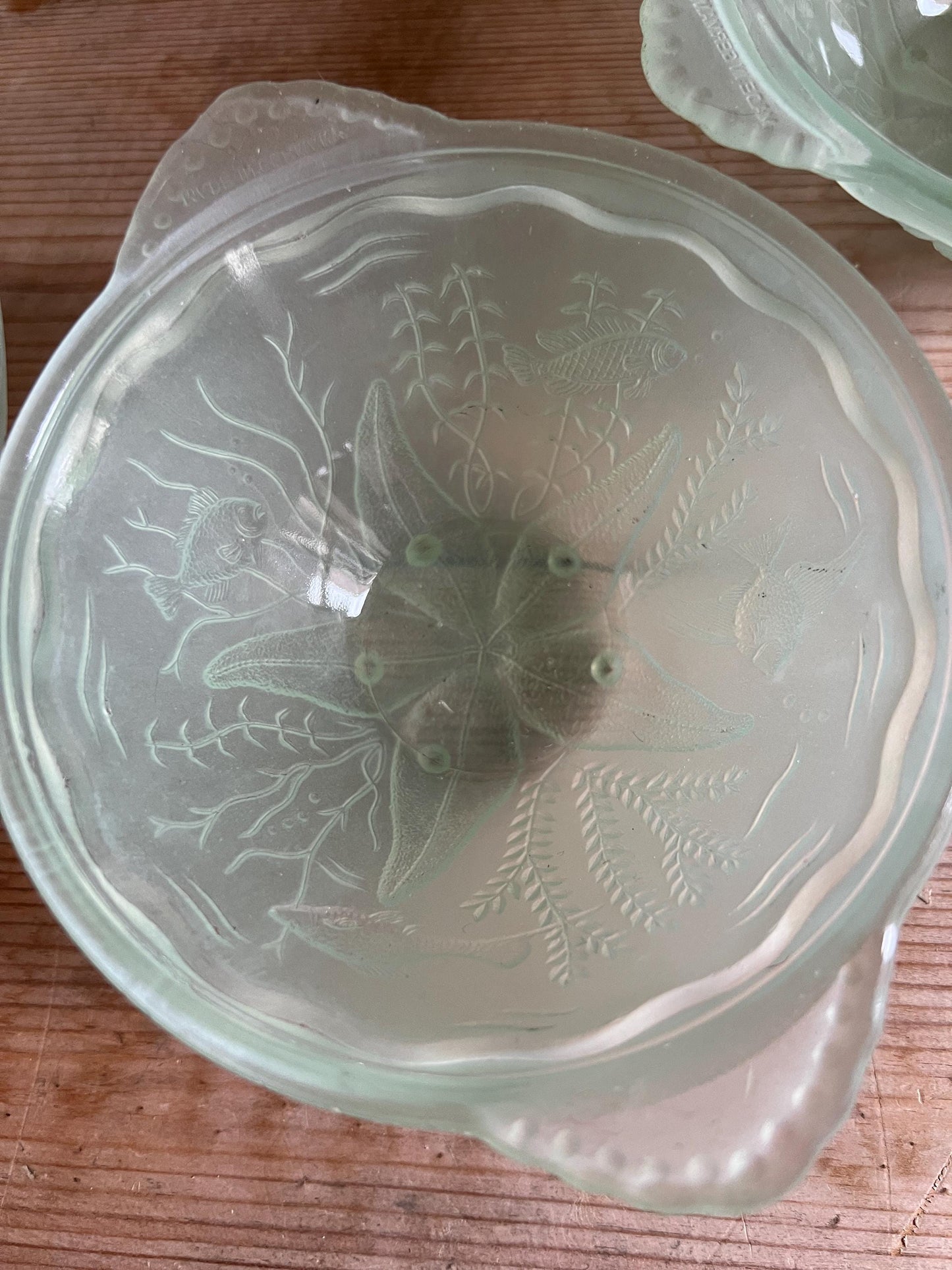 Set of Vintage Green Glass Fruit Bowls. 5 X Walther and Sohne Germany Fish & Seaweed pattern.t