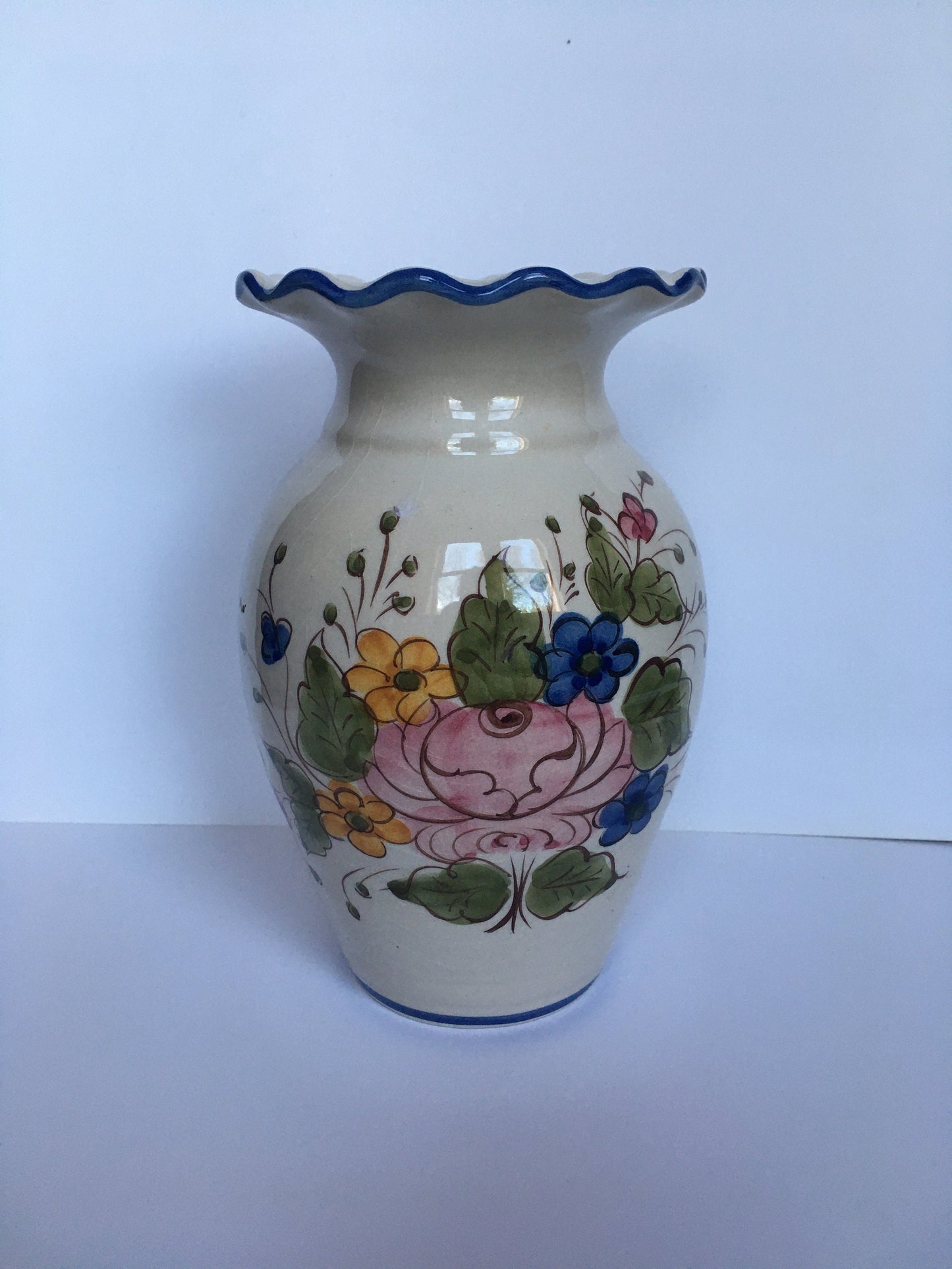 Flower vase Beautiful Alcobaca Portugal Pottery. Hand painted floral vase.