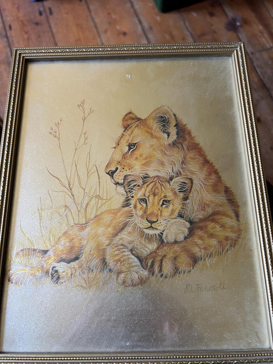 Lion and cub foil art framed picture. Signed M Fenelle
