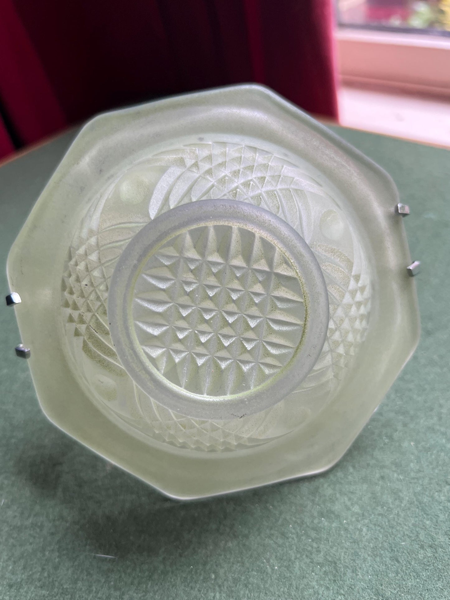 Vintage green pressed glass jam sugar bowl with metal handle spoon hanger. Stamped W+H.