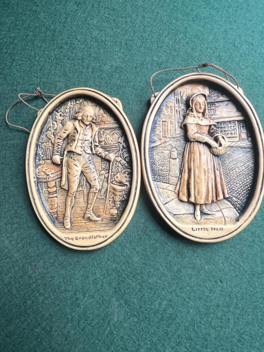 Pair of Vintage 3D wall plaques Charles Dickens The Old Curiosity Shop. Art Deco Wall decor.