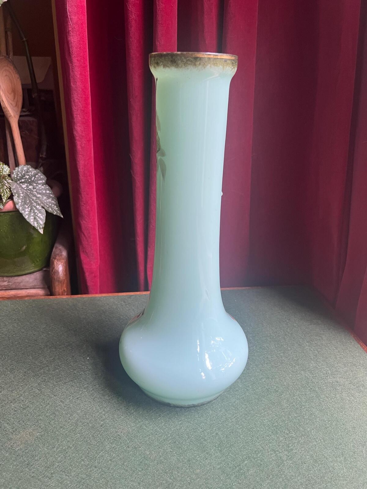 Antique uranium glass hand painted enamel floral vase. Harrach Bohemian glass tall decorative vase.