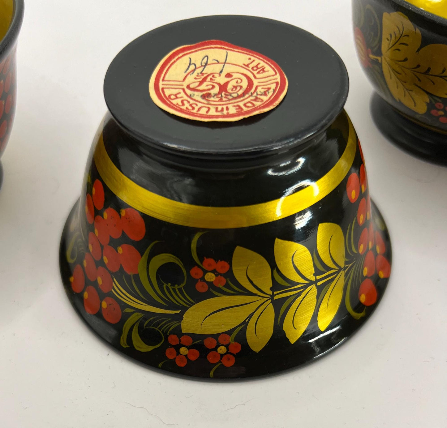 Set 6 wooden lacquered Khokhloma bowls. Made in USSR original stickers.