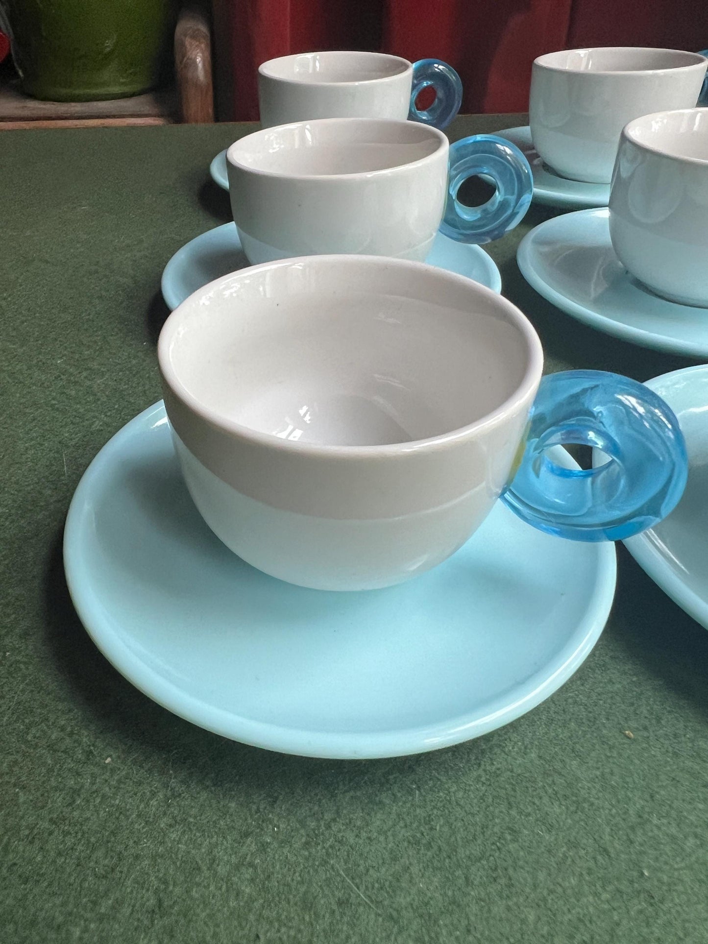 Set 6 coffee espresso mugs. Ceramic cup plastic handle and melamine saucer Stamped Omada Made in Italy