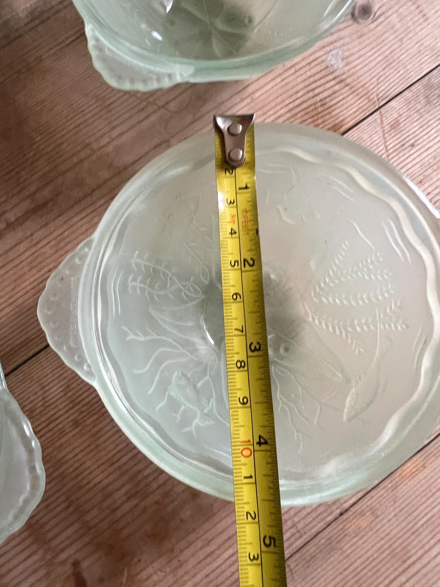 Set of Vintage Green Glass Fruit Bowls. 5 X Walther and Sohne Germany Fish & Seaweed pattern.t
