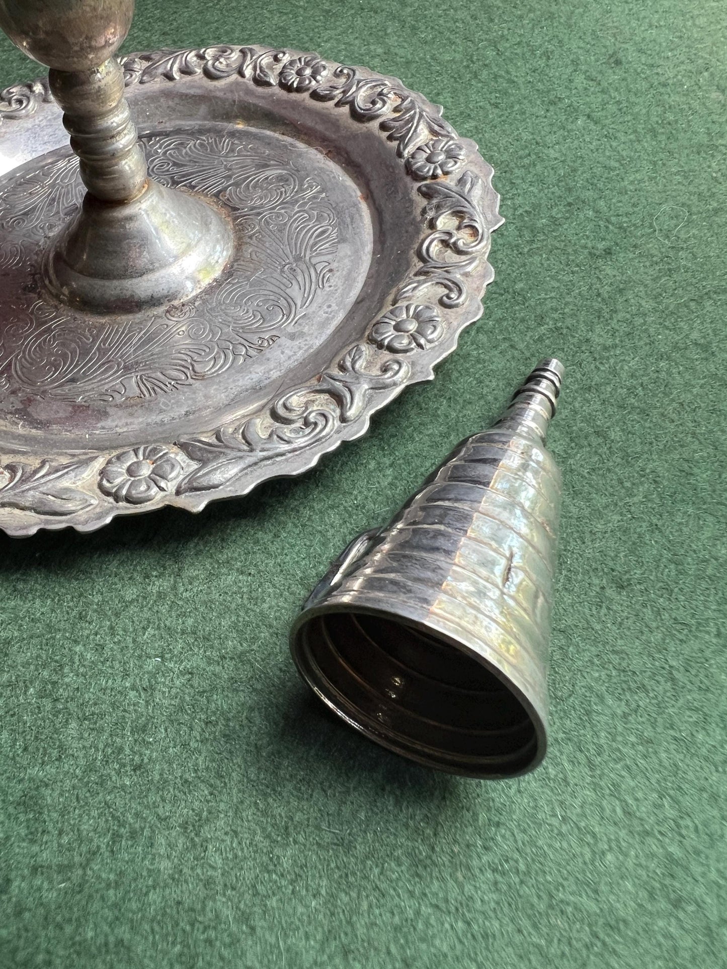 Vintage silver tone candle holder with snuffer.